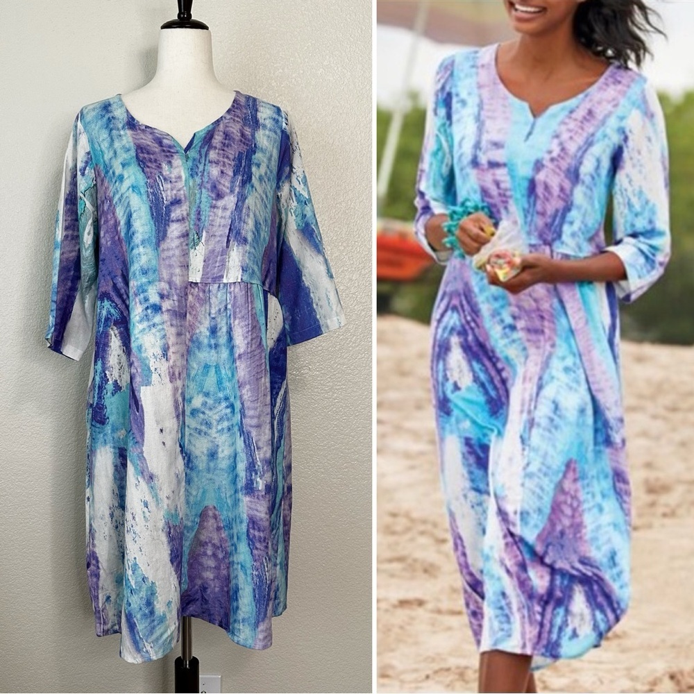 Soft Surroundings Blue Purple Tie Dye Midi Shift Dress, Size PM